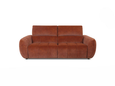 Terracotta 3 seater fabric sofa with large head rest on a white background