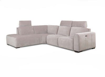 Light grey corner sofa with wide armrests, high backrests, and integrated power reclining function, shown in a modern fabric finish.