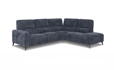Blue fabric corner sofa with stylish legs on a white background