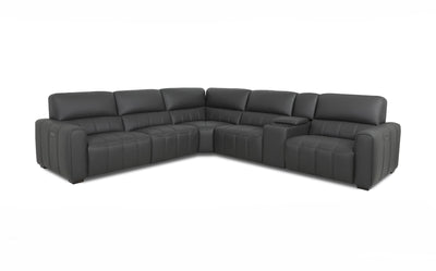 Dark leather corner sofa with console – Spacious L-shaped design with quilted seats, wide arms, and a central storage console
