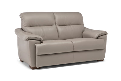 Two-seater taupe leather sofa with padded arms and high-back cushions, shown on a white background