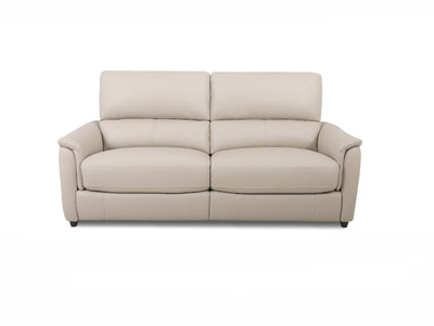 Light beige leather 2-seater sofa – Modern compact design with high backrests, slim arms, and cushioned seats.