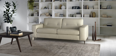 Luxury leather sofa in cream in a living room setting in front of a large book shelf. With a pale grey rug and modern dark wooden coffee table